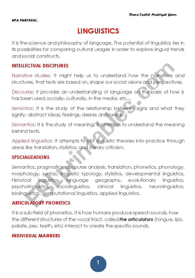 LINGUISTICS ESL Worksheet By Dianna Madrigal LINGUISTICS ESL Worksheet By Dianna Madrigal