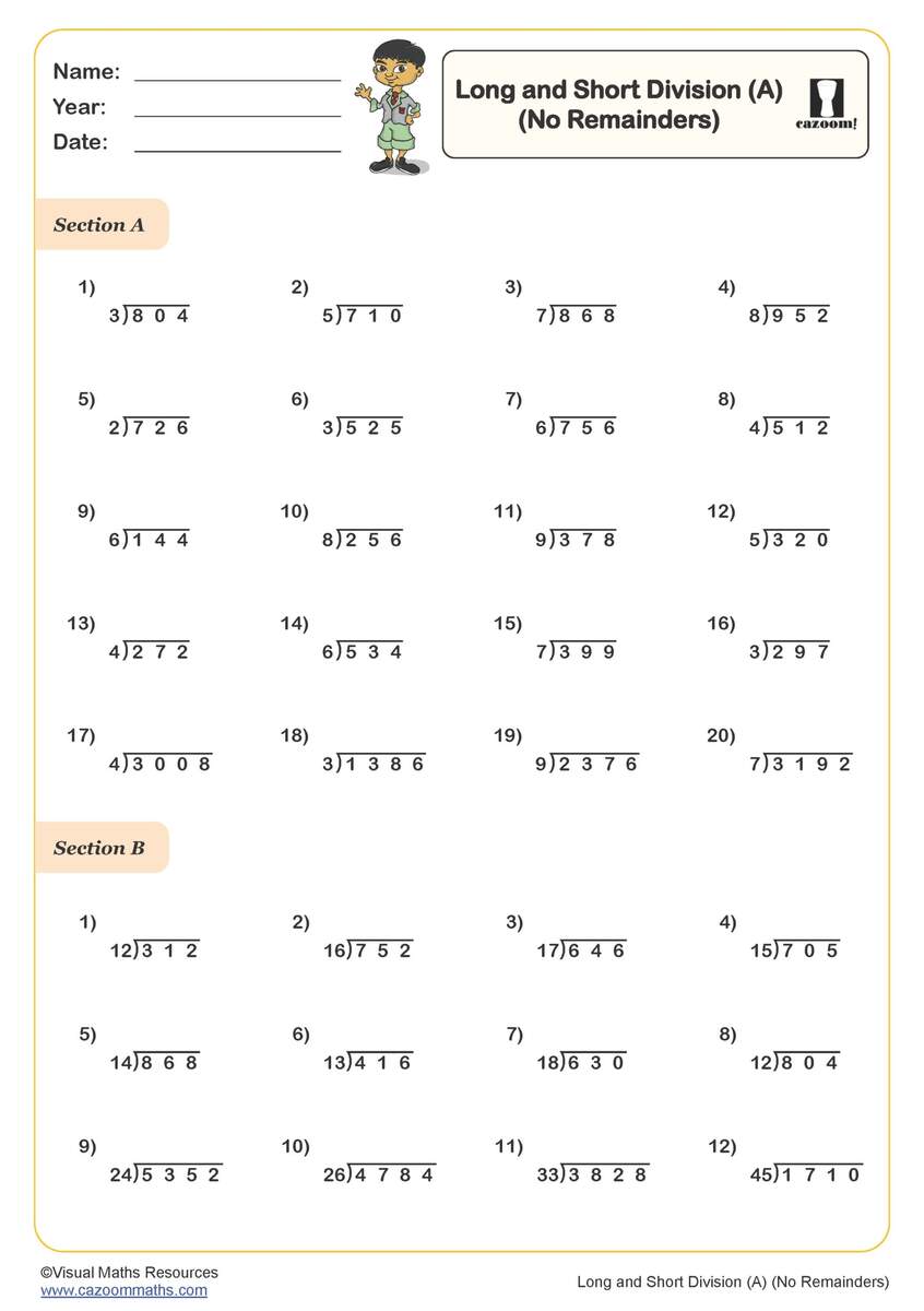 Long And Short Division A Worksheet No Remainders PDF Printable Number Worksheets