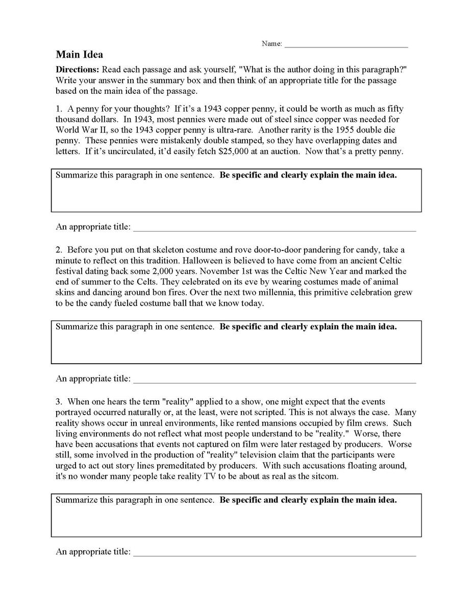 Main Idea Worksheets Printable Main Idea Practice Worksheets