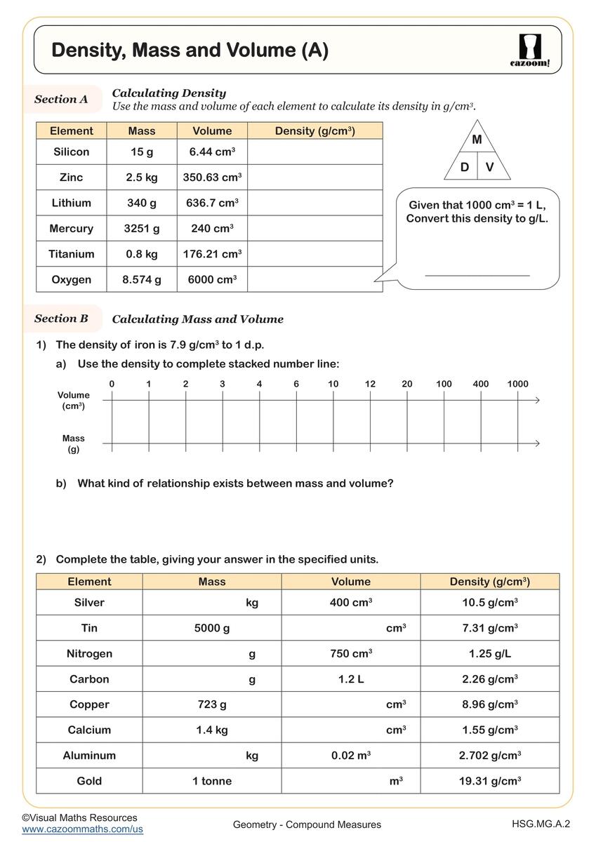 Density Mass And Volume Worksheet Printable Teaching Resources