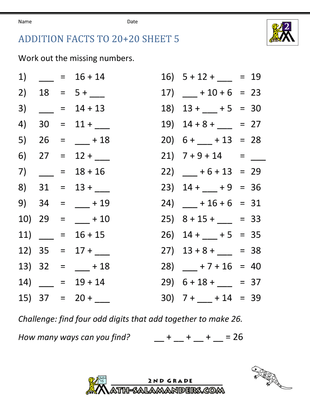 Math Addition Facts To 20 Math Addition Facts To 20