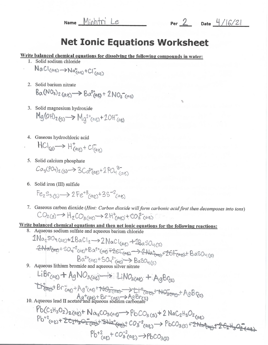 Net Ionic Equations Worksheet BALANCE The Following Worksheets Library