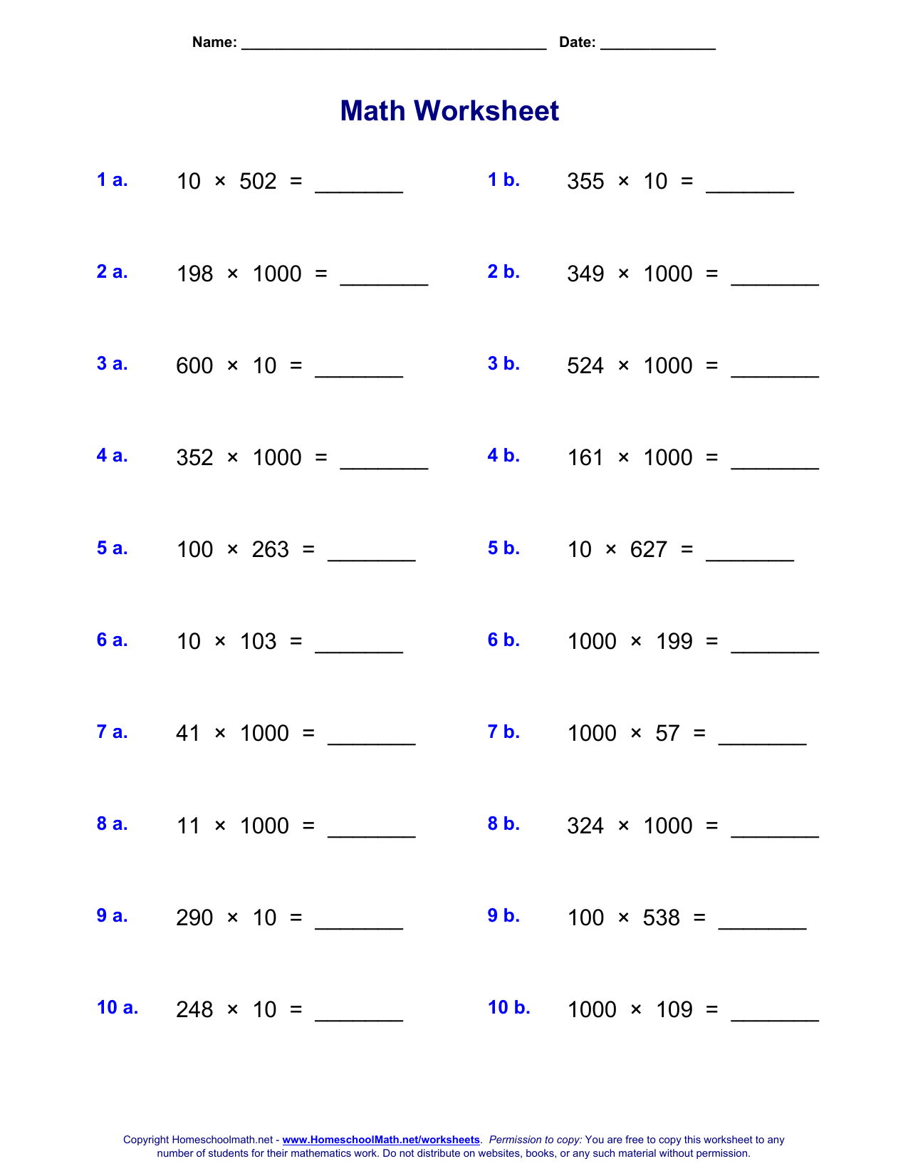 Multiplication By 10s Worksheet Multiplication By 10s Worksheet