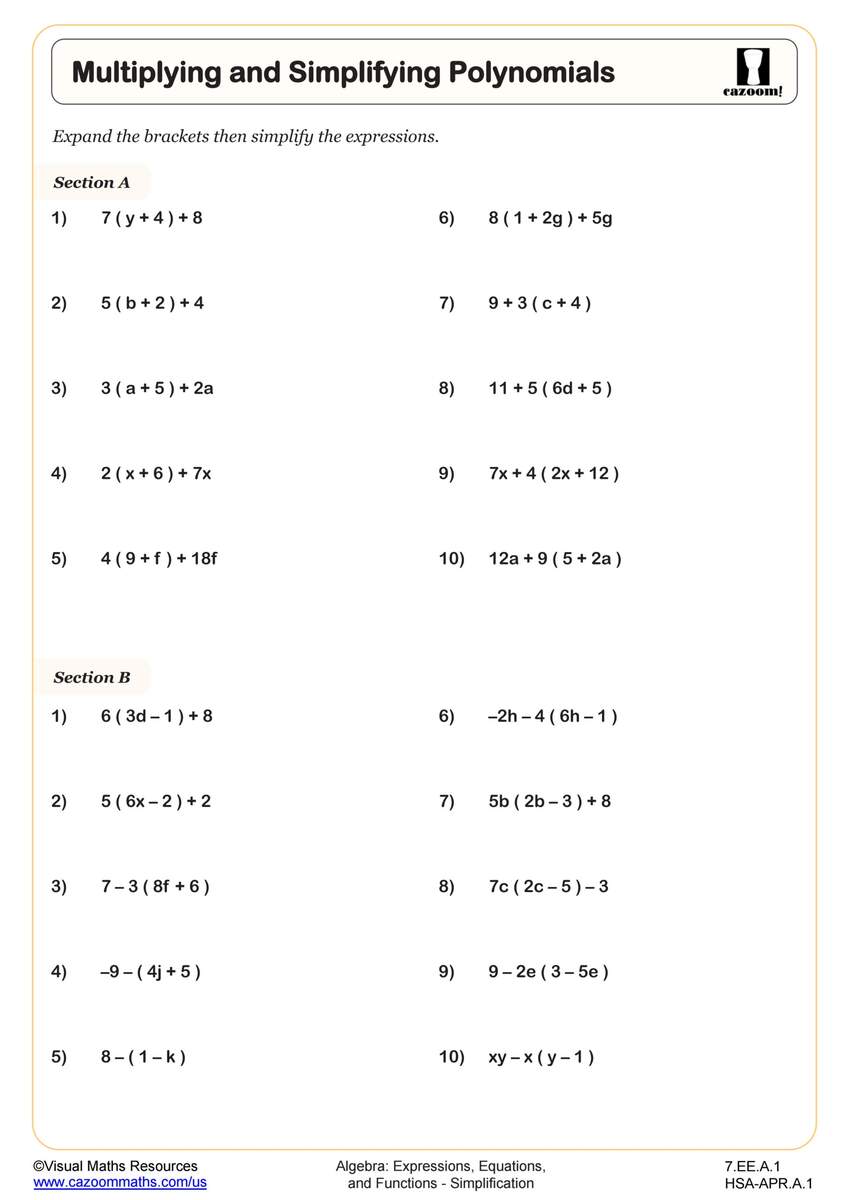 Multiplying And Simplifying Polynomials Worksheet 7th Grade PDF Worksheets Cazoom Math Multiplying And Simplifying Polynomials Worksheet 7th Grade PDF Worksheets Cazoom Math