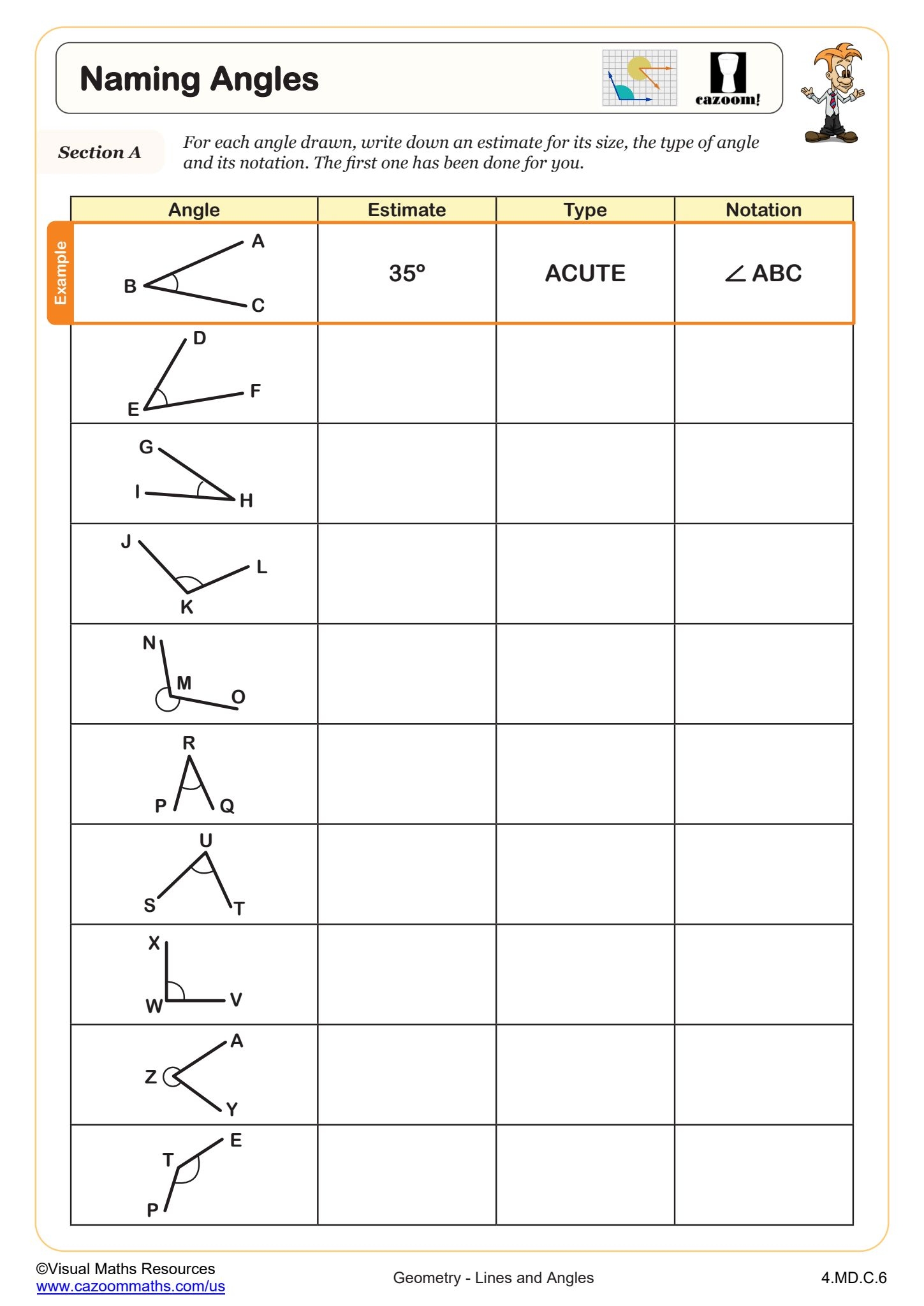 Naming Angles Worksheet PDF Printable Geometry Worksheet Cazoom Math 4th Grade Geometry