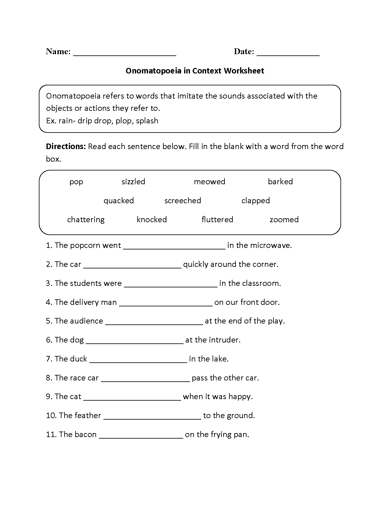 Onomatopoeia Worksheets 5 Printable Reading Comprehension English Worksheets Ages 4 7 KG1 To Grade 2 Etsy Norway