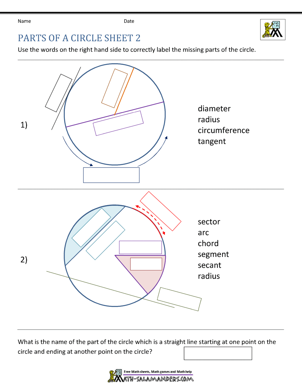Parts Of A Circle Worksheet