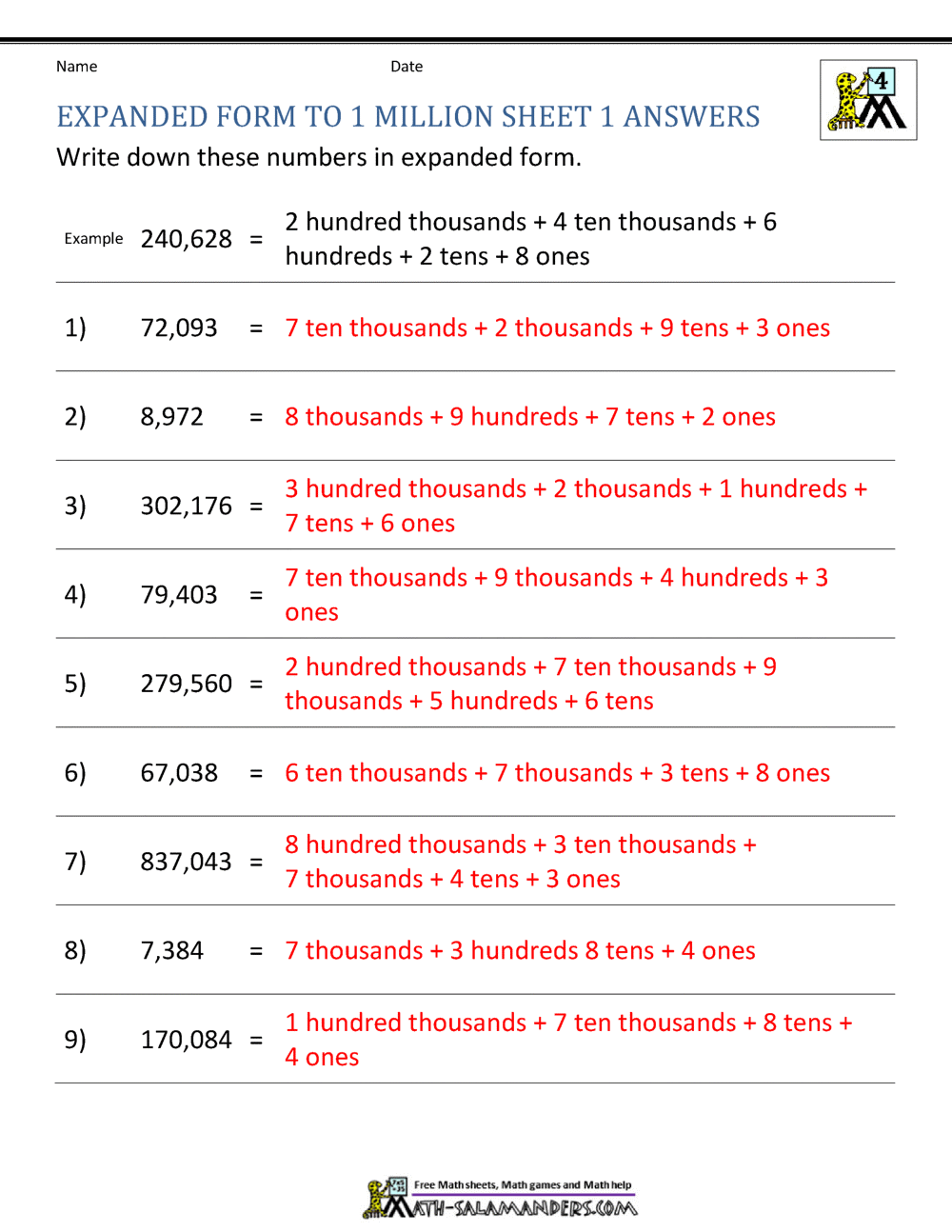 Place Value Worksheet Up To 10 Million Place Value Worksheet Up To 10 Million