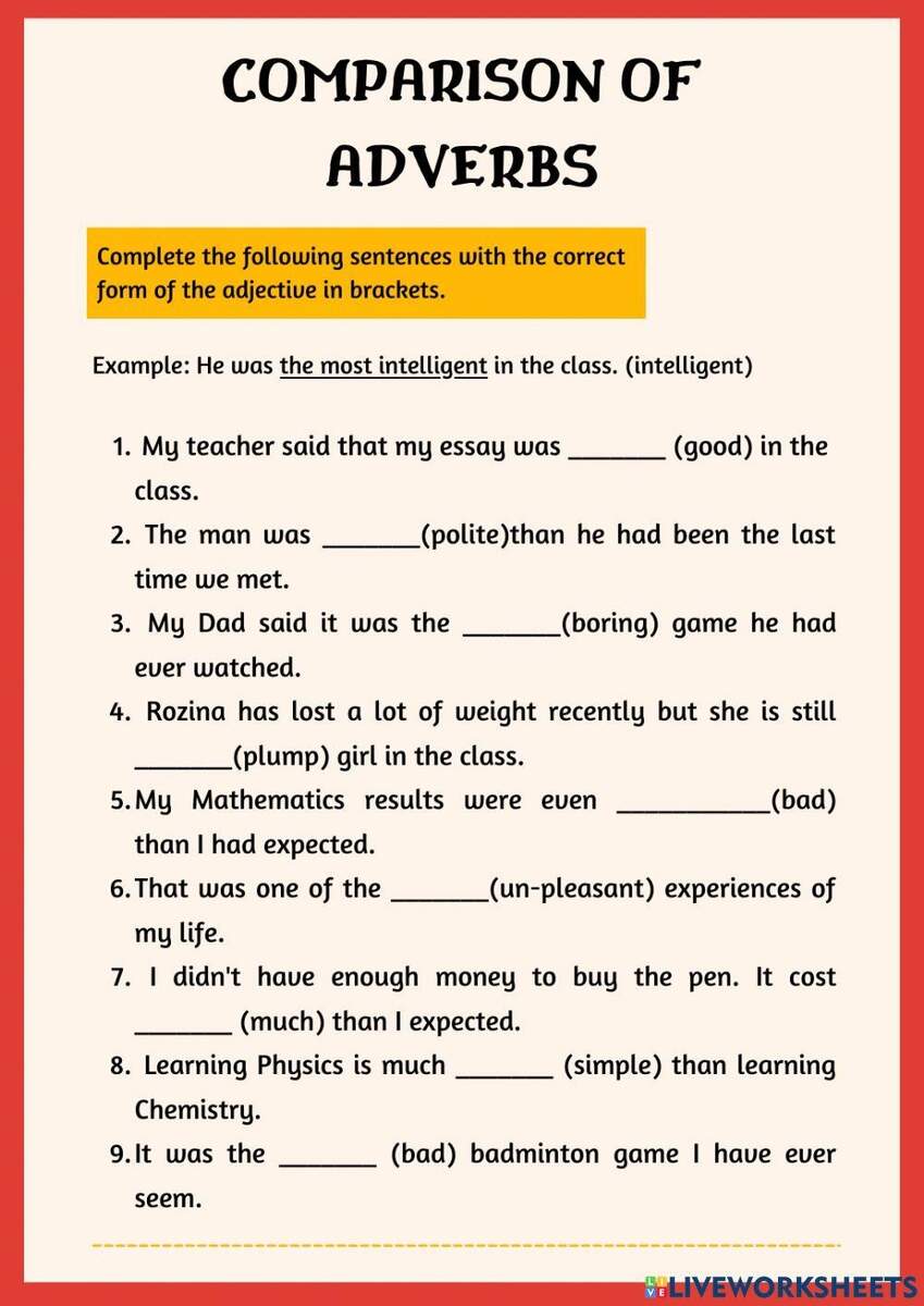 Practice 1 Comparative Adverbs Worksheet Worksheets Library Comparison Of Adverbs Online Worksheet Worksheets Library