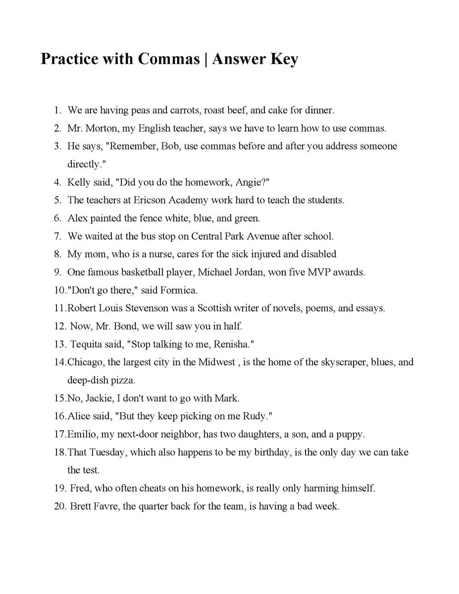 Practice With Commas Answers Worksheets Library