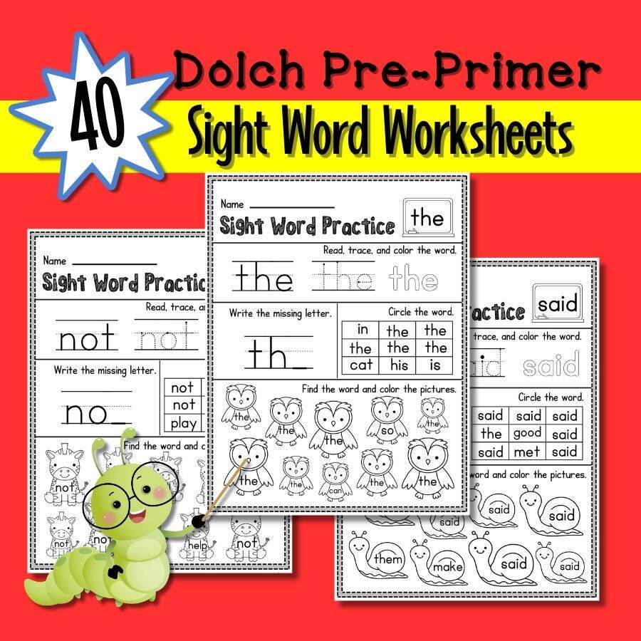 Pre Primer Sight Word Worksheets Handwriting Coloring Practice Digital Download Etsy