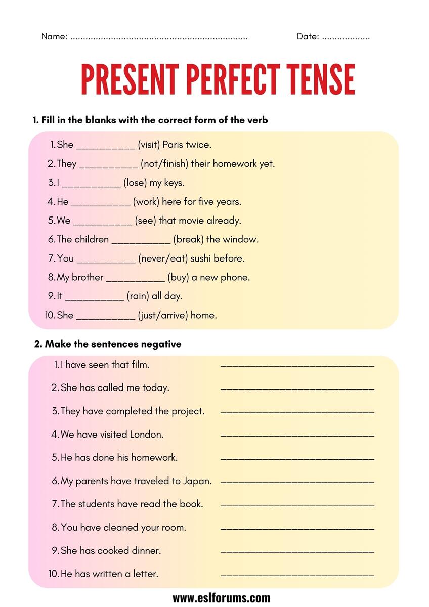 Present Perfect Tense Worksheets And Exercises ESL Forums 101 Present Perfect PDF Worksheets With Answers Grammarism