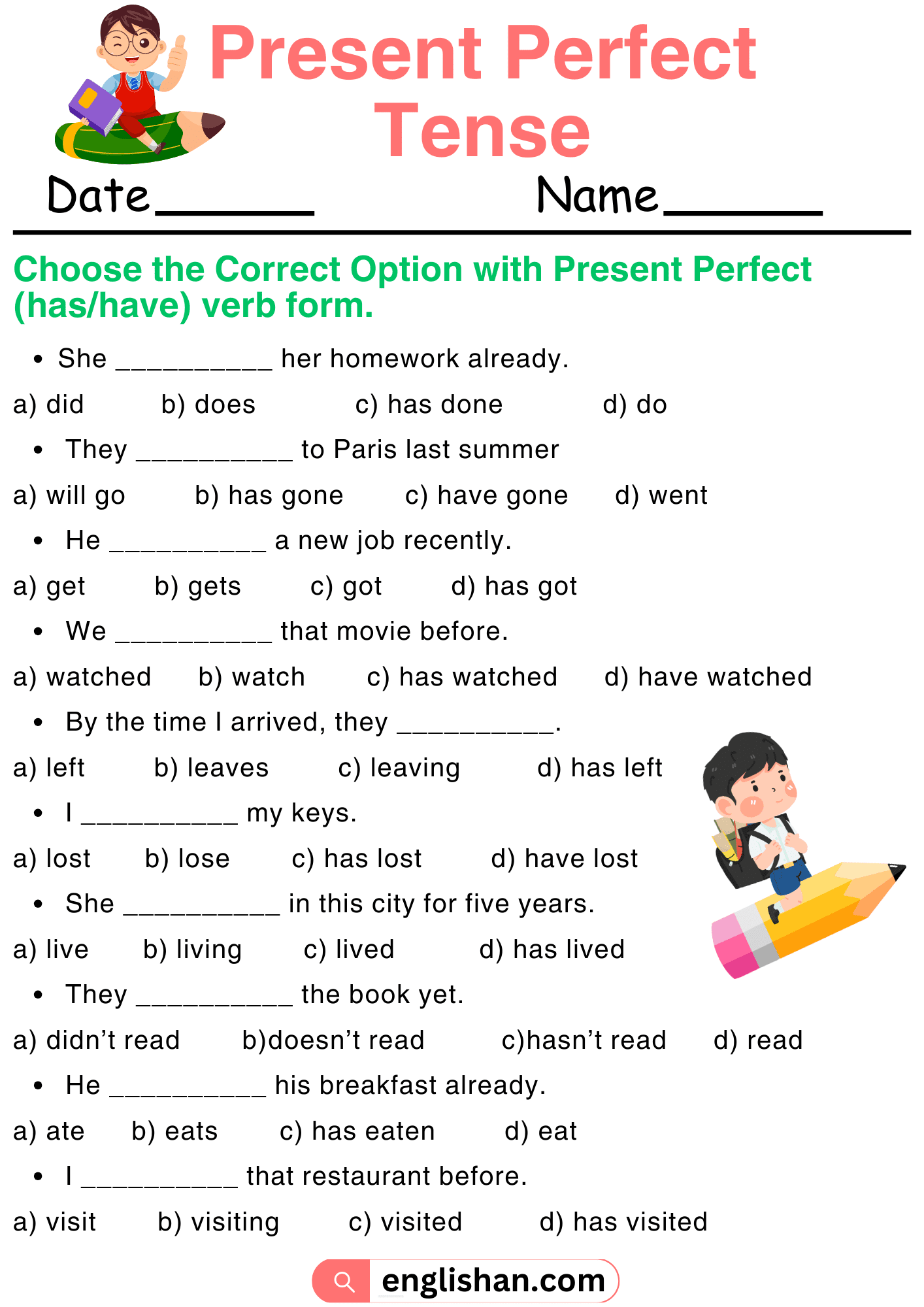 Present Perfect Tense Worksheets And Exercises With Answers Worksheets Library