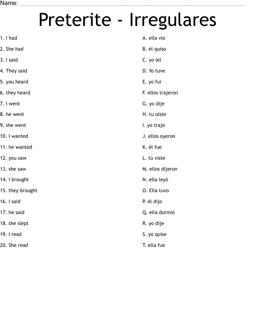 Preterite Irregulares Worksheet WordMint Spanish Irregular Preterit Verb Conjugation Worksheet By Teach Simple