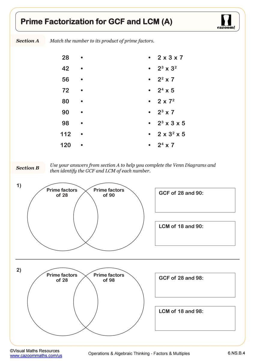 Prime Factorization For GCF And LCM B Worksheet Fun And Engaging 6th Grade PDF Worksheets Cazoom Math