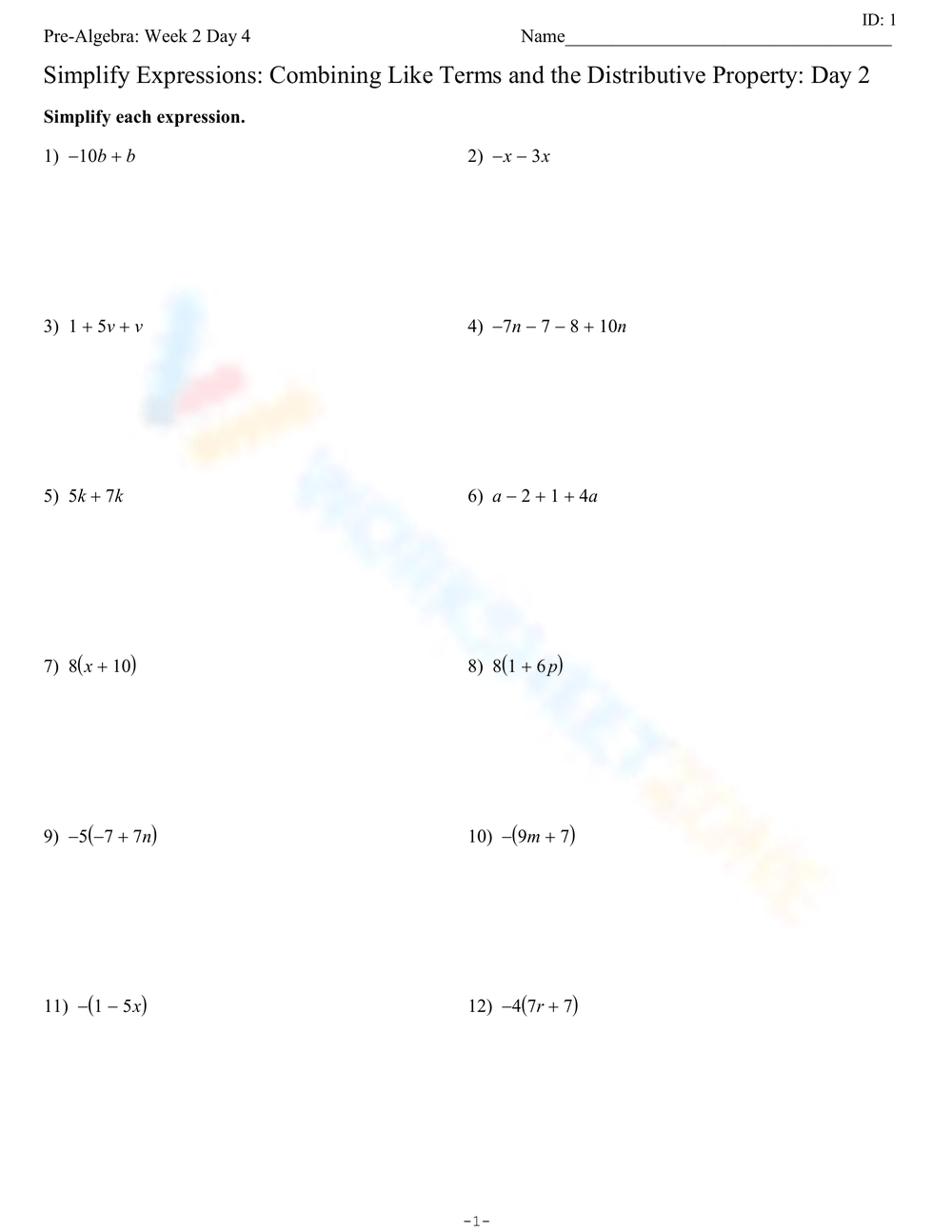 Printable 8th Grade Combining Like Terms Worksheets Download
