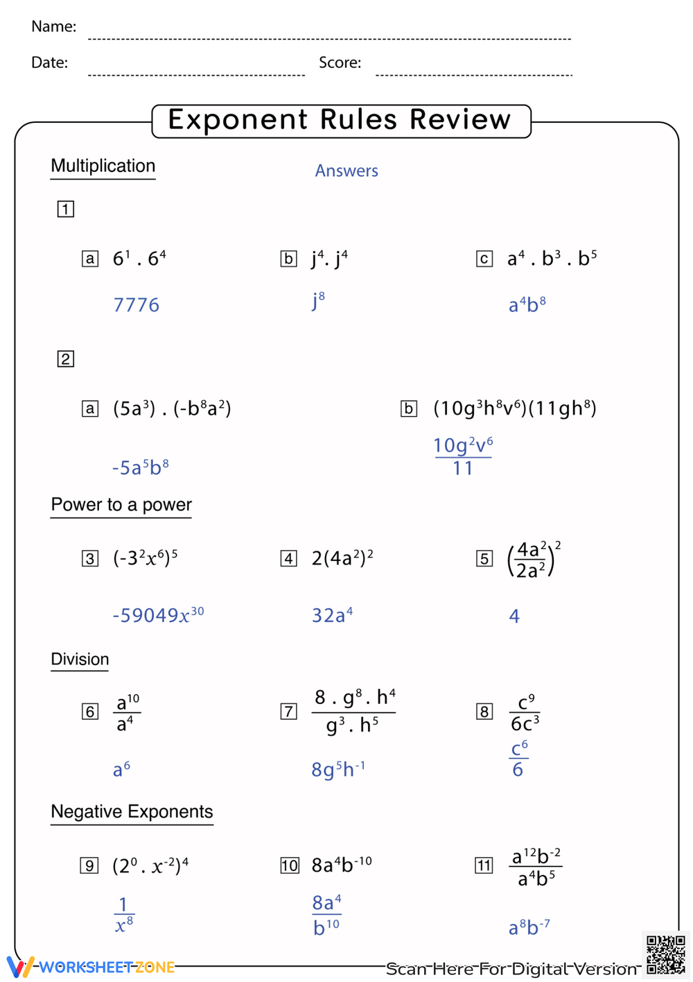 Printable 11th Grade Exponent Rules Review Worksheets