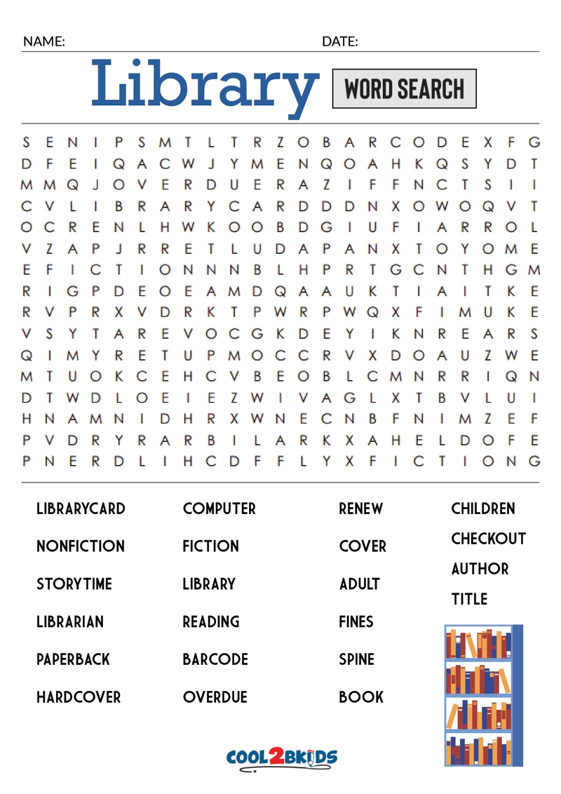 Printable Library Word Search Cool2bKids Library Activities For Kindergarten Worksheets Library