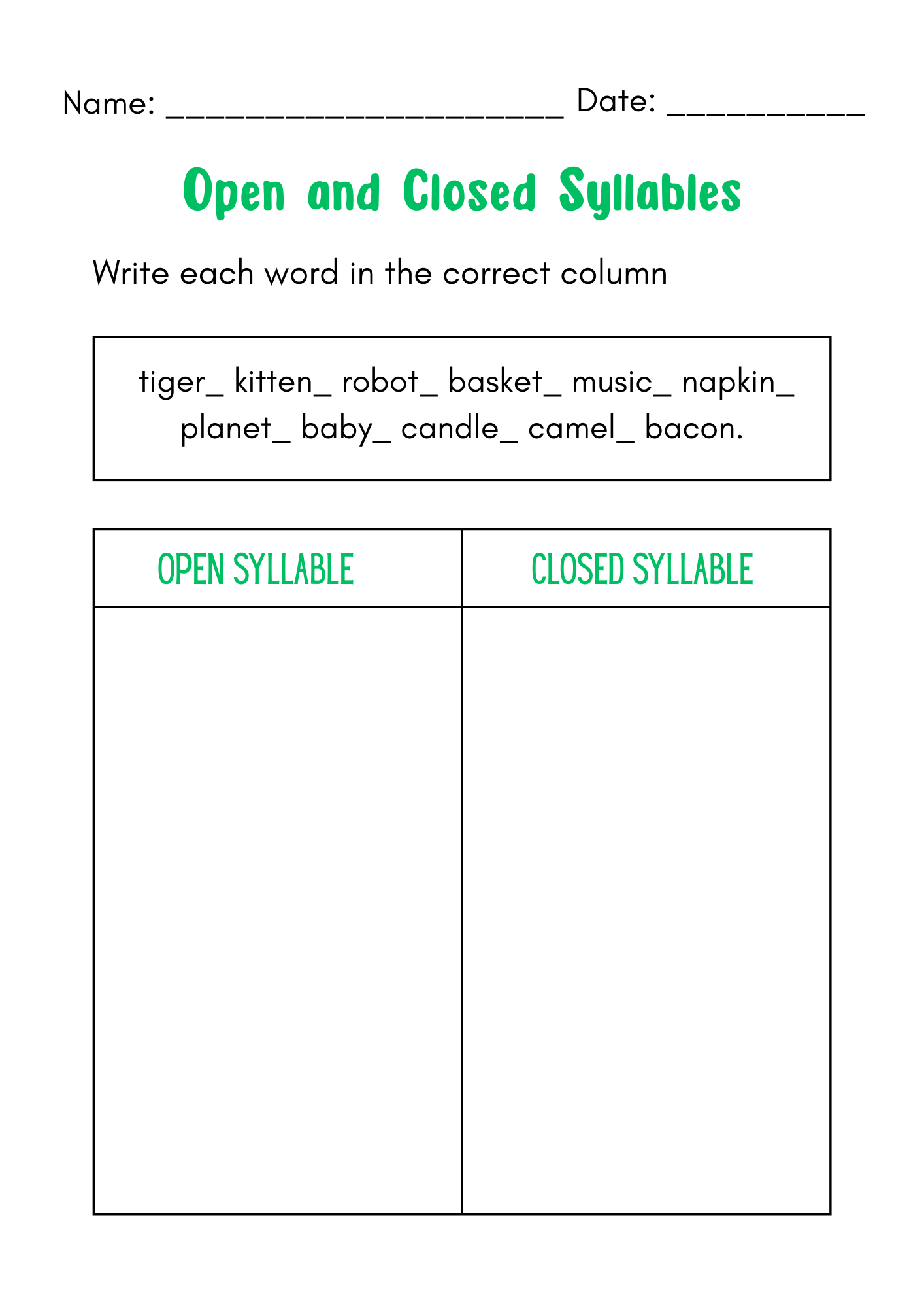 Printable Open And Closed Syllables Worksheet Teaching Resources Printable Open And Closed Syllables Worksheet Teaching Resources