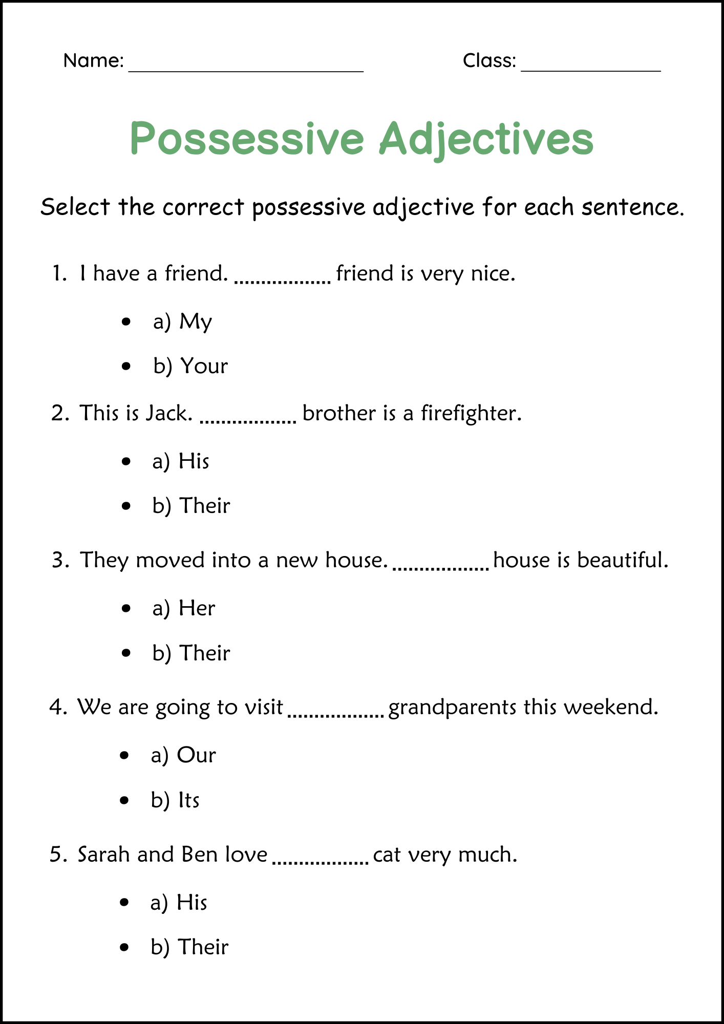 Printable Possessive Adjectives Grammar Worksheet For Grade 1 Made By Teachers POSSESSIVE ADJECTIVES ESL Worksheet By Ebrucimen Worksheets Library