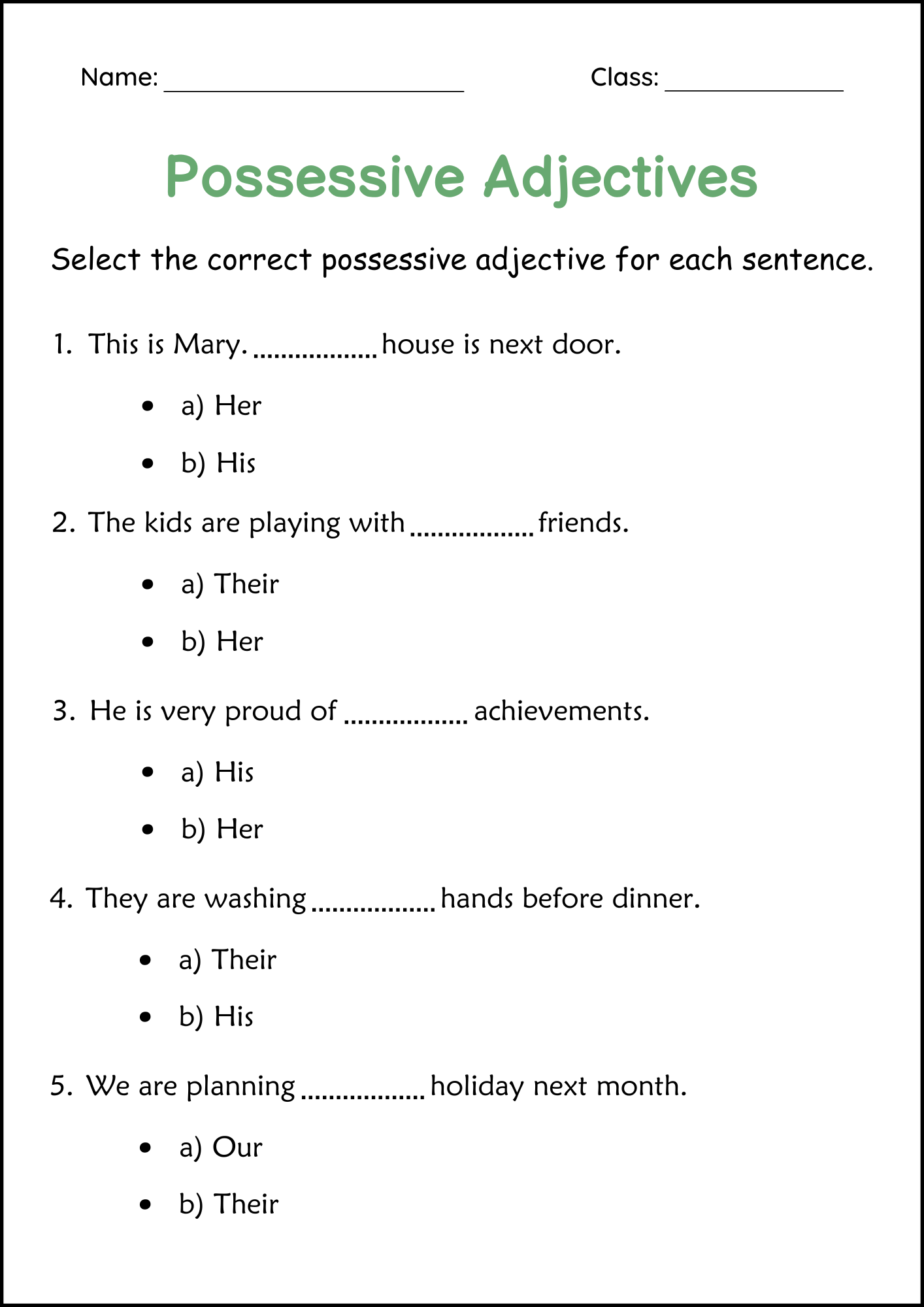 Printable Possessive Adjectives Grammar Worksheet For Grade 1 Made By Teachers Printable Possessive Adjectives Grammar Worksheet For Grade 1 Made By Teachers