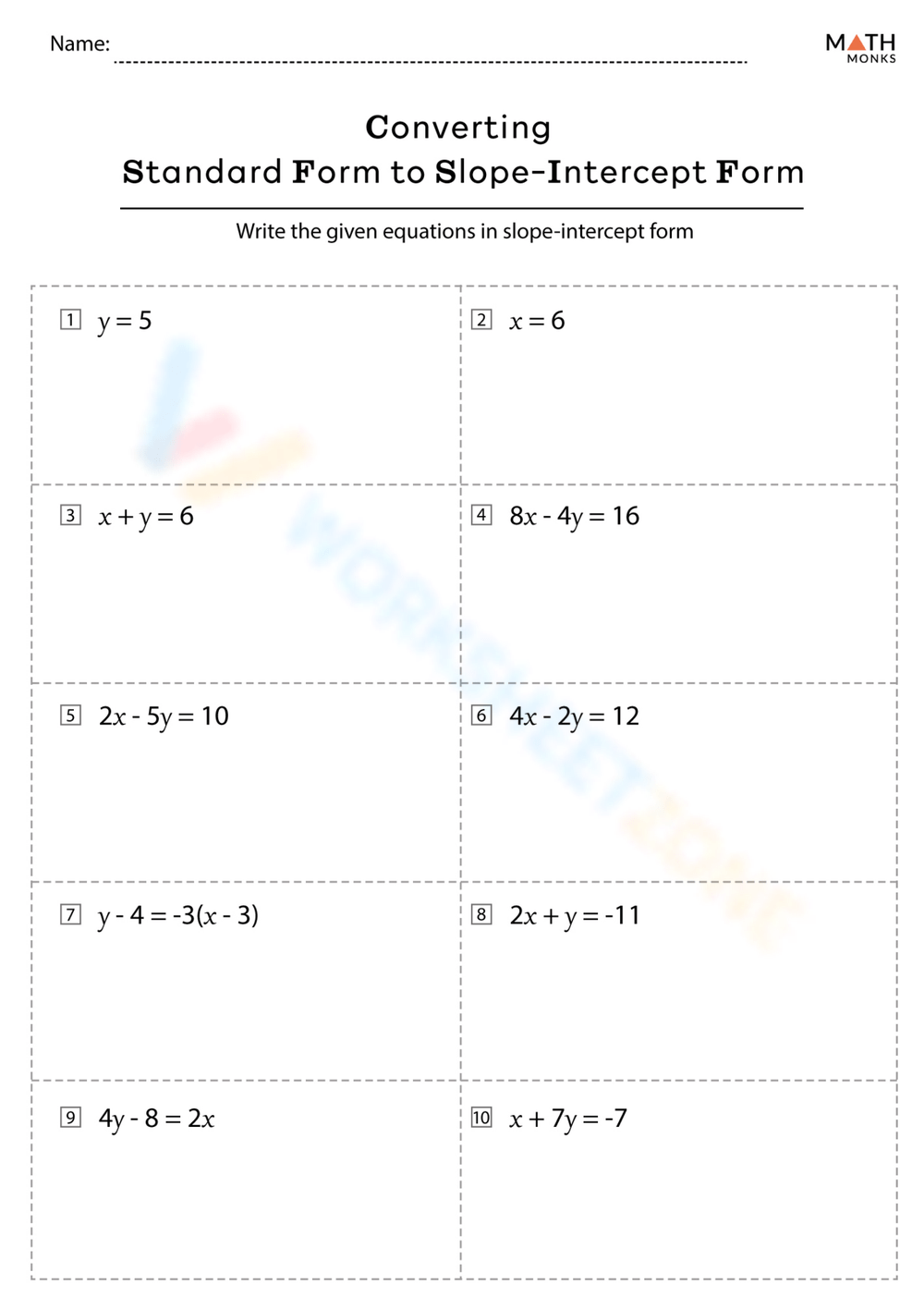 Printable Slope Intercept Form Y Mx B Worksheets Printable Slope Intercept Form Y Mx B Worksheets