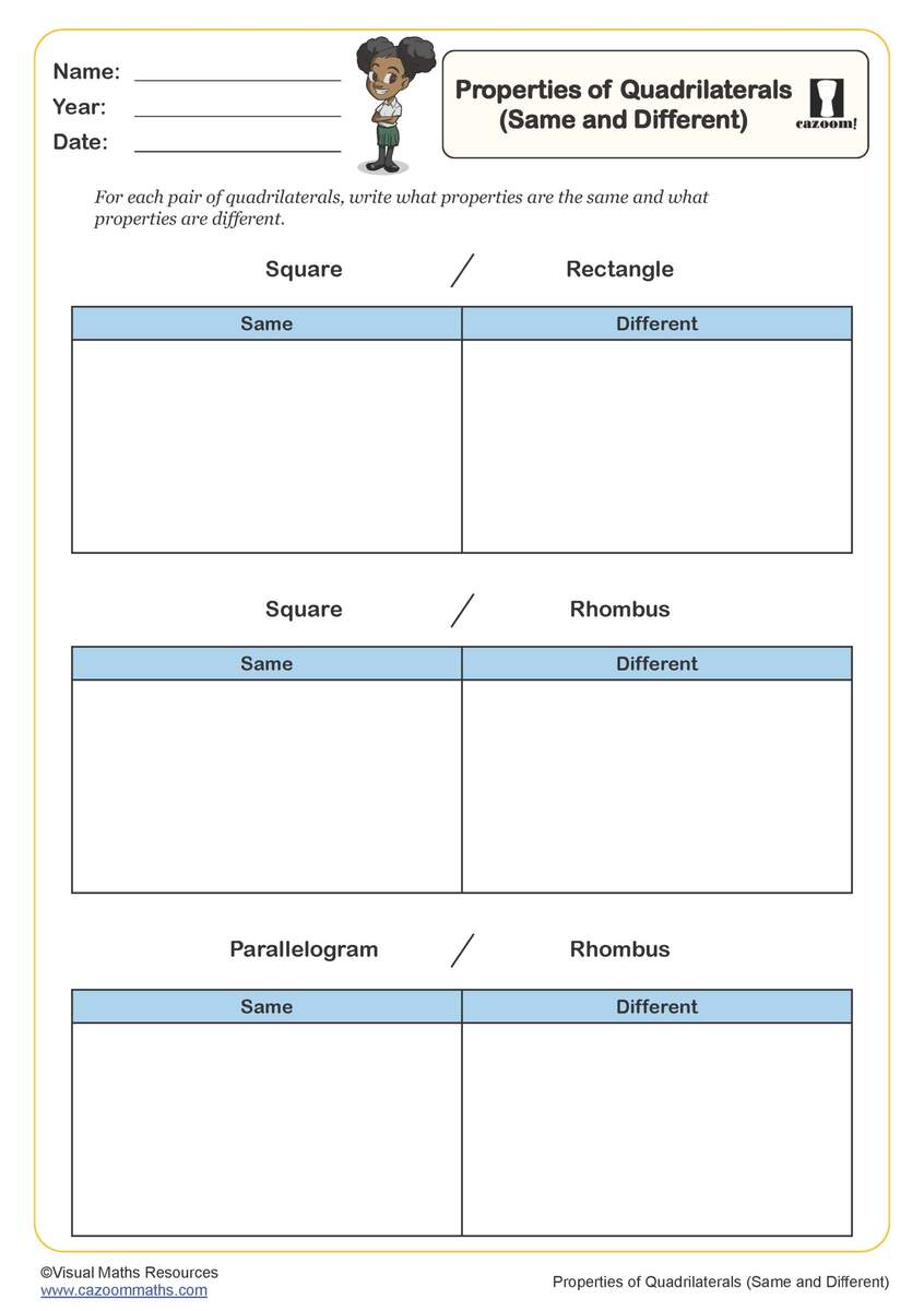 Properties Of Quadrilaterals Same And Different Worksheet PDF Printable Geometry Worksheets Properties Of Quadrilaterals Same And Different Worksheet PDF Printable Geometry Worksheets