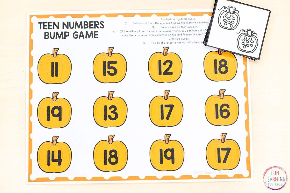 Pumpkin Teen Numbers Bump Game Free Printable