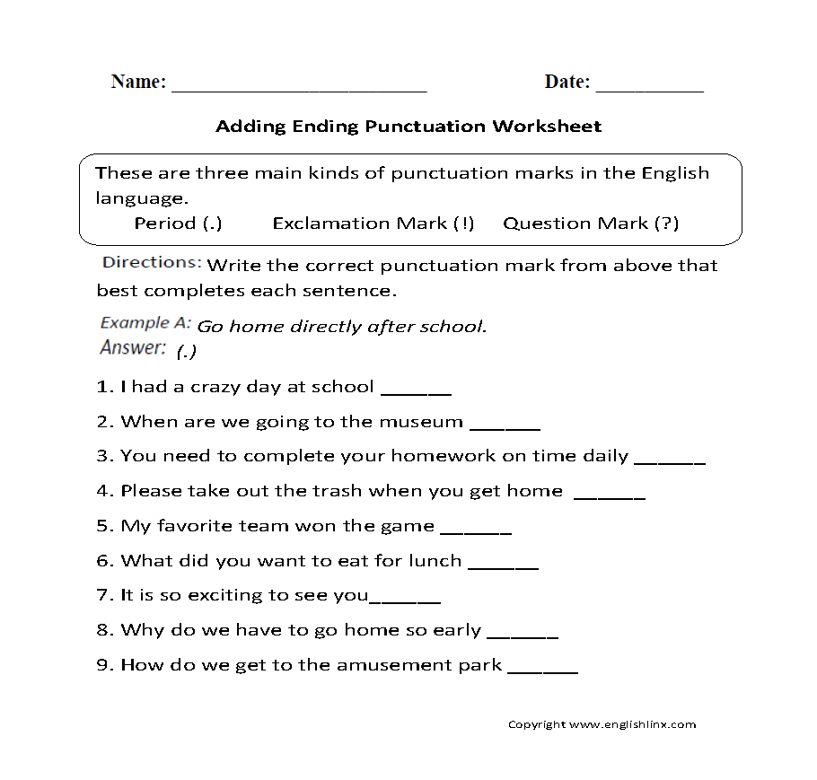 Punctuation Worksheets Ending Punctuation Worksheets
