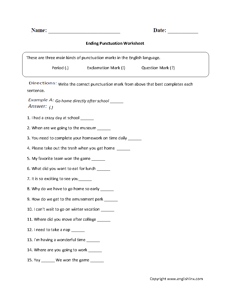 Punctuation Worksheets Free Printable Practice For Grades K 12 Punctuation Worksheets Ending Punctuation Worksheets