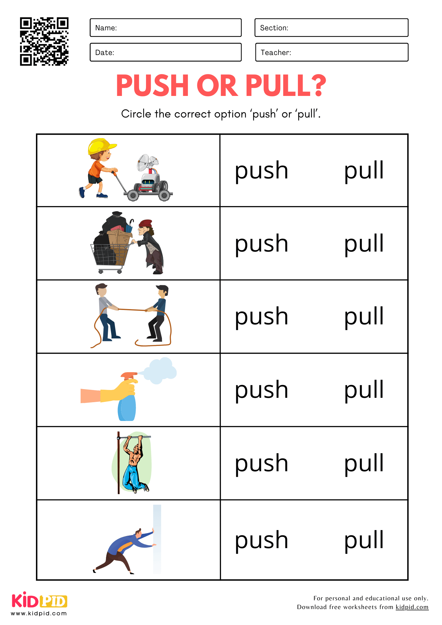 Push Or Pull Identification Worksheet For Kindergarten Kidpid Push Or Pull Identification Worksheet For Kindergarten Kidpid