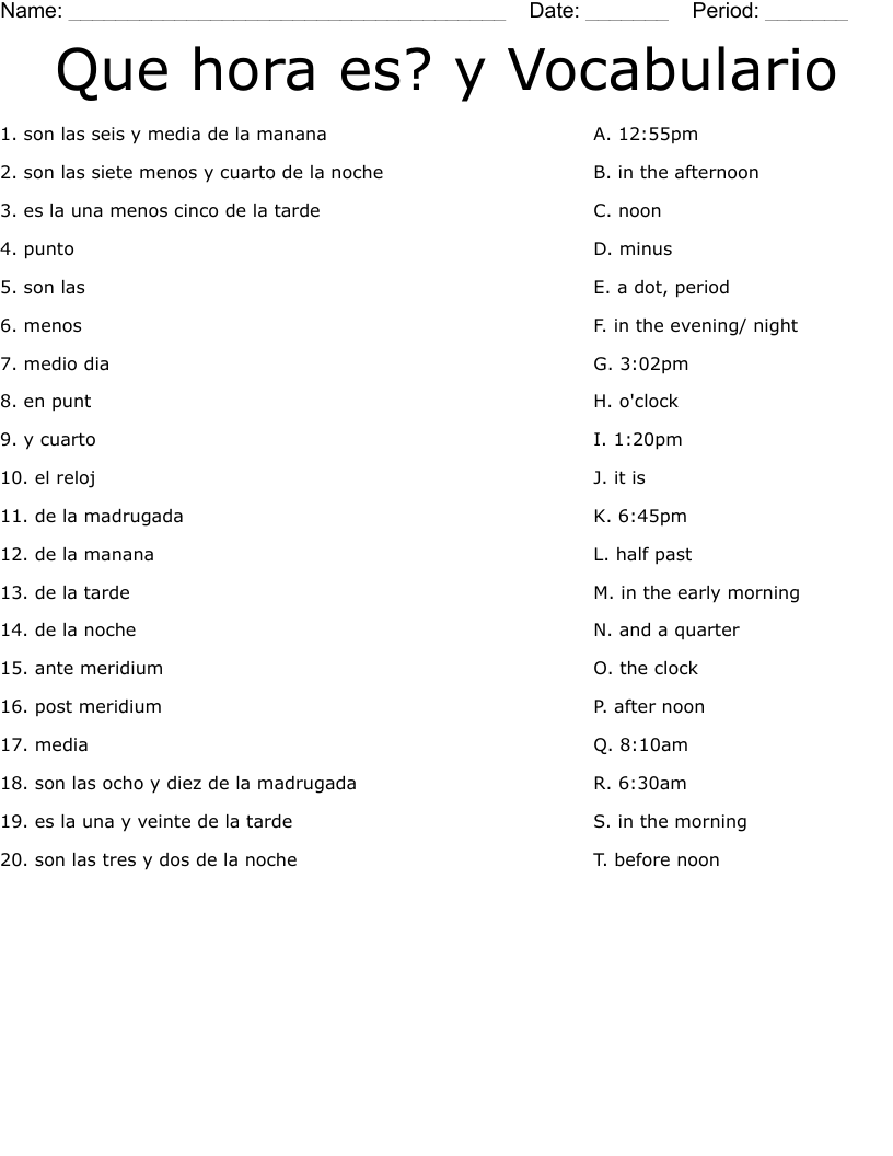 Vocabulario Qu Hora Es Word Search WordMint