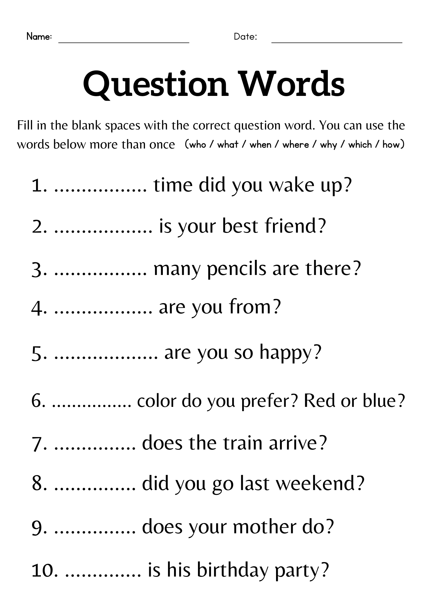 Question Words Worksheet For Grade 1 Or 2 Wh Questions Exercises For Kids Made By Teachers Free Printable Question Words Worksheet