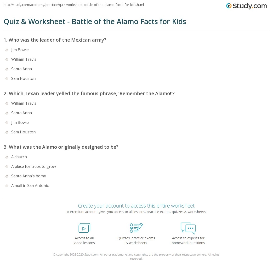 Quiz Worksheet Battle Of The Alamo Facts For Kids Study Quiz Worksheet Battle Of The Alamo Facts For Kids Study