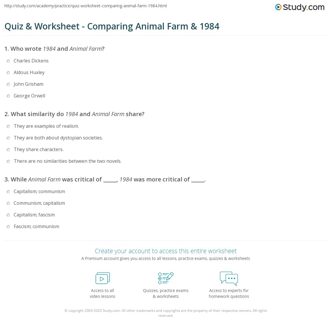 Quiz Worksheet Comparing Animal Farm 1984 Study Quiz Worksheet Comparing Animal Farm 1984 Study