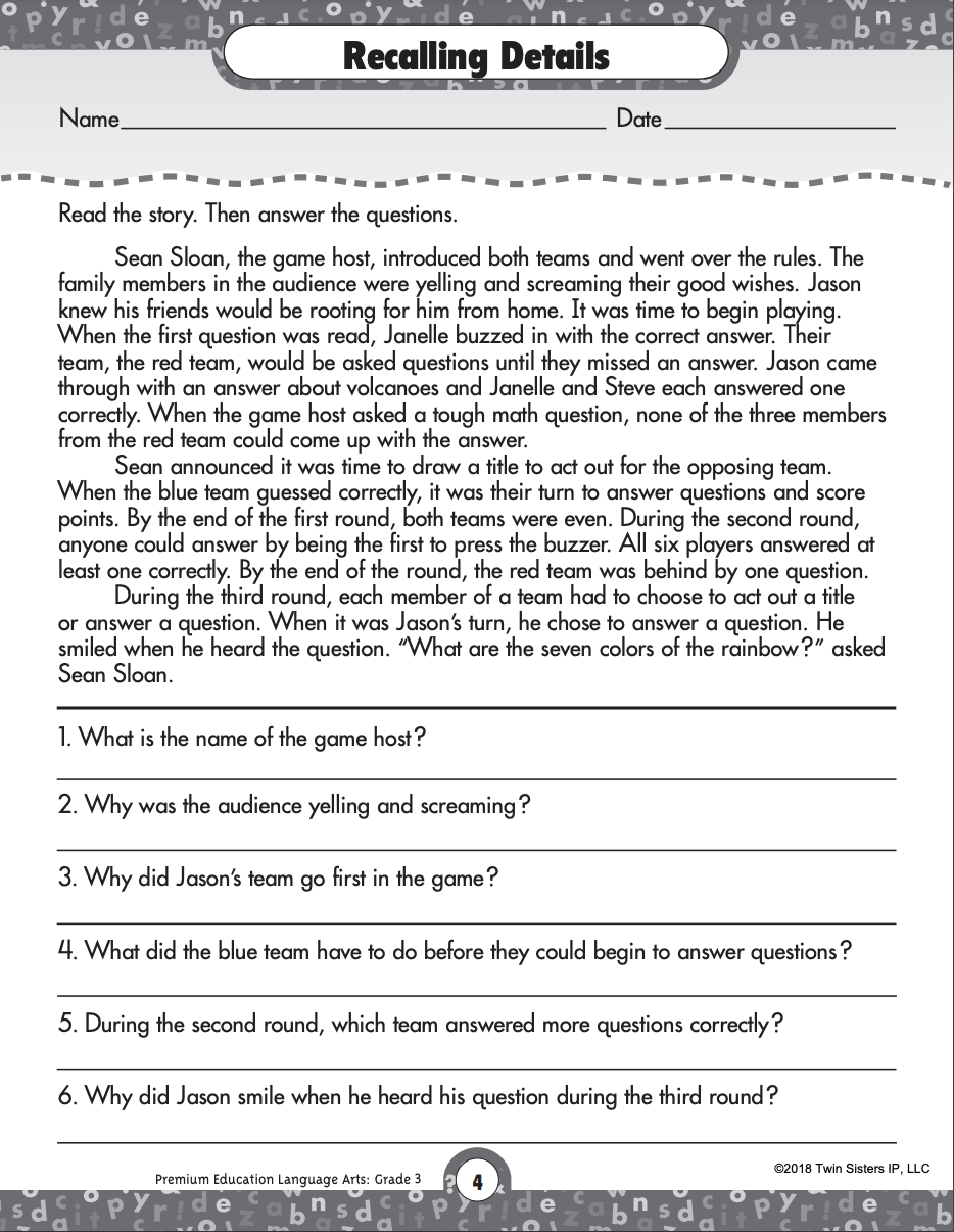 Reading Comprehension Language Arts Printable Workbook For Grade 3 By Teach Simple English Language Arts Worksheet Worksheets Worksheets
