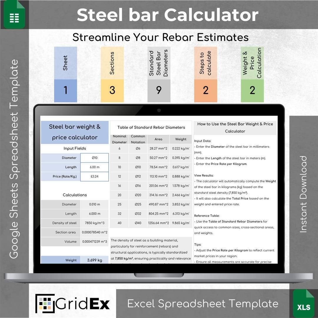 Rebar Weight Price Calculator Civil Engineering Excel And Google Sheets Spreadsheet Etsy How To Calculate The Bar Bending Schedule For Combined Footing Engineering Information Hub