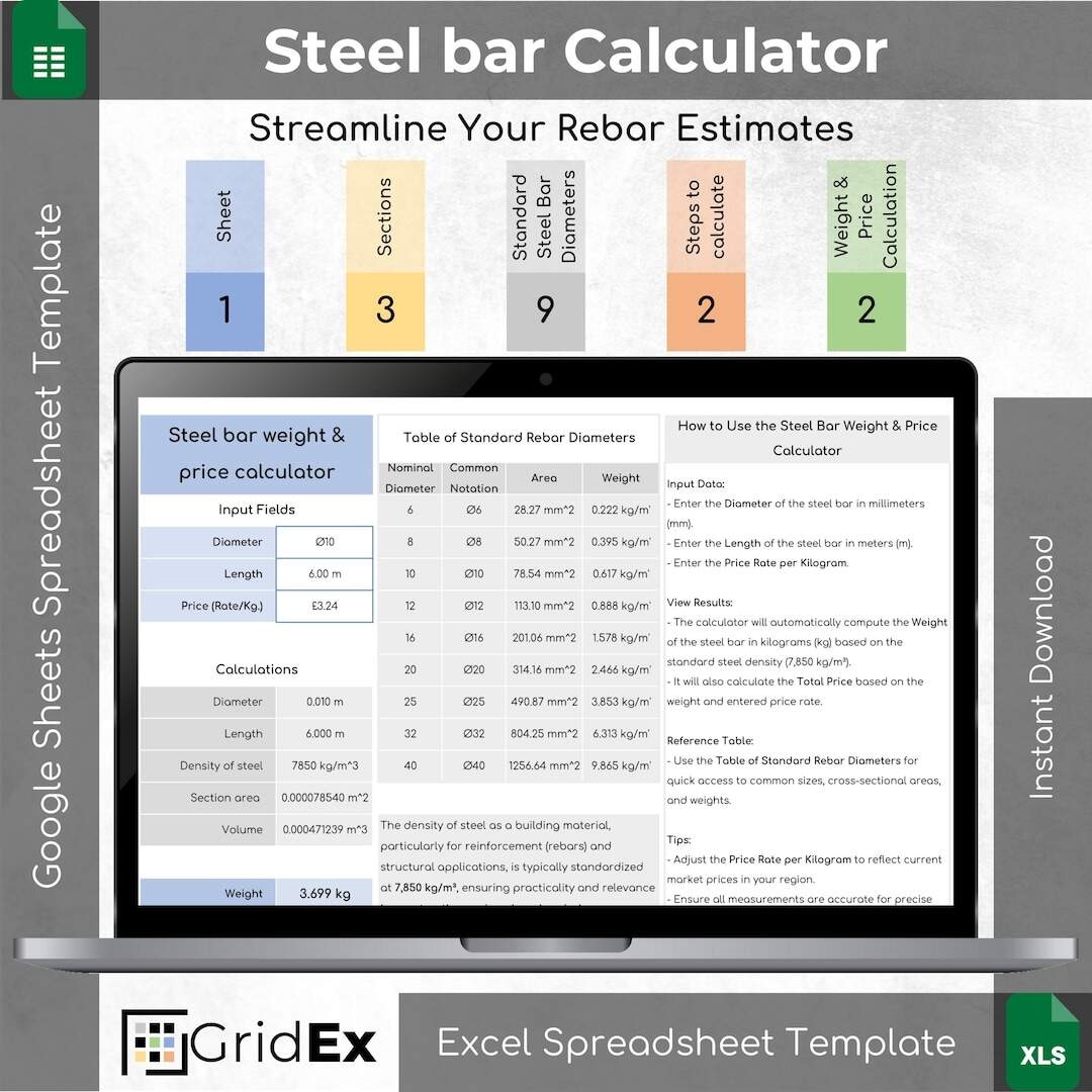 Rebar Weight Price Calculator Civil Engineering Excel And Google Sheets Spreadsheet Etsy