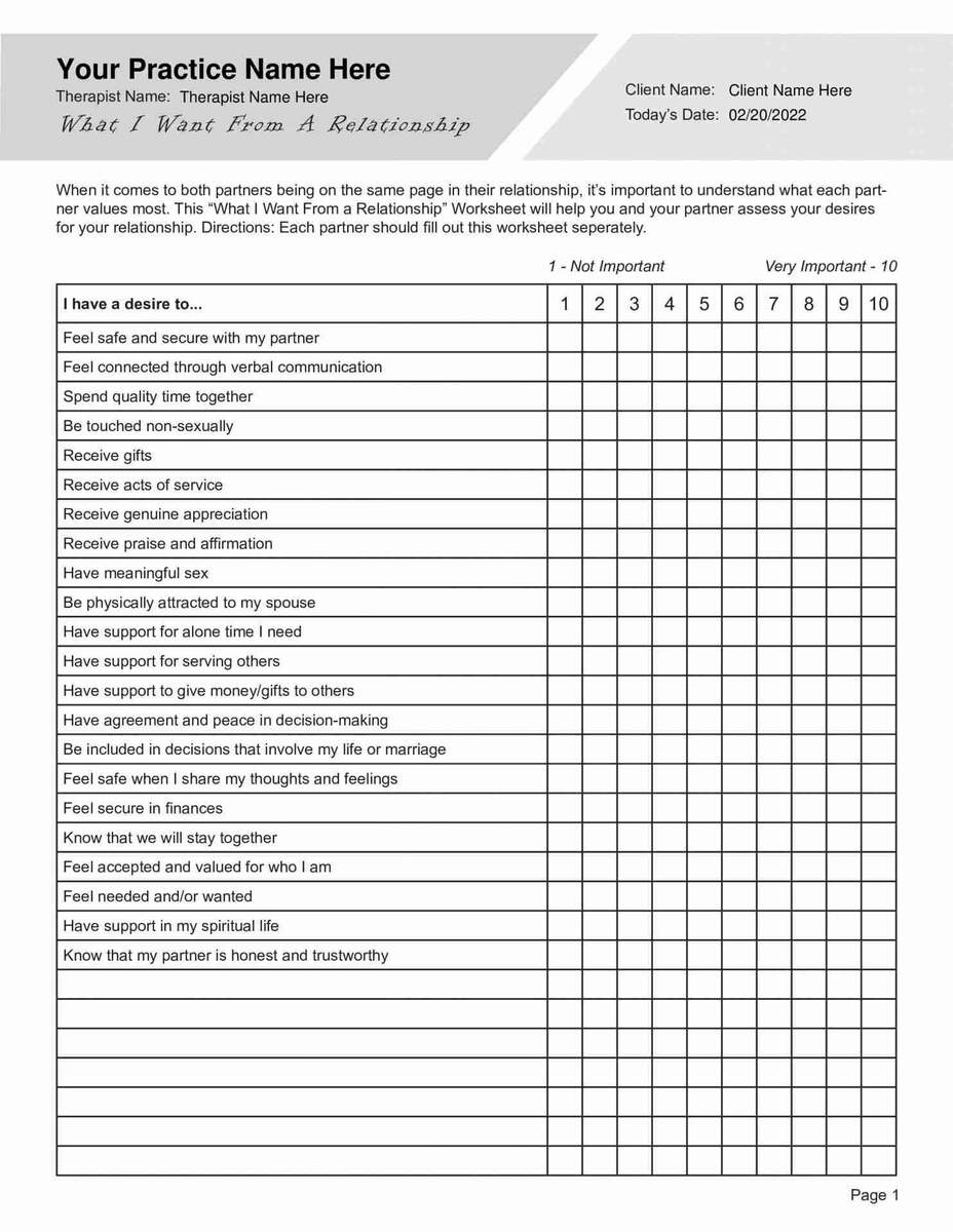 Relationship Needs And Wants Worksheet PDF TherapyByPro