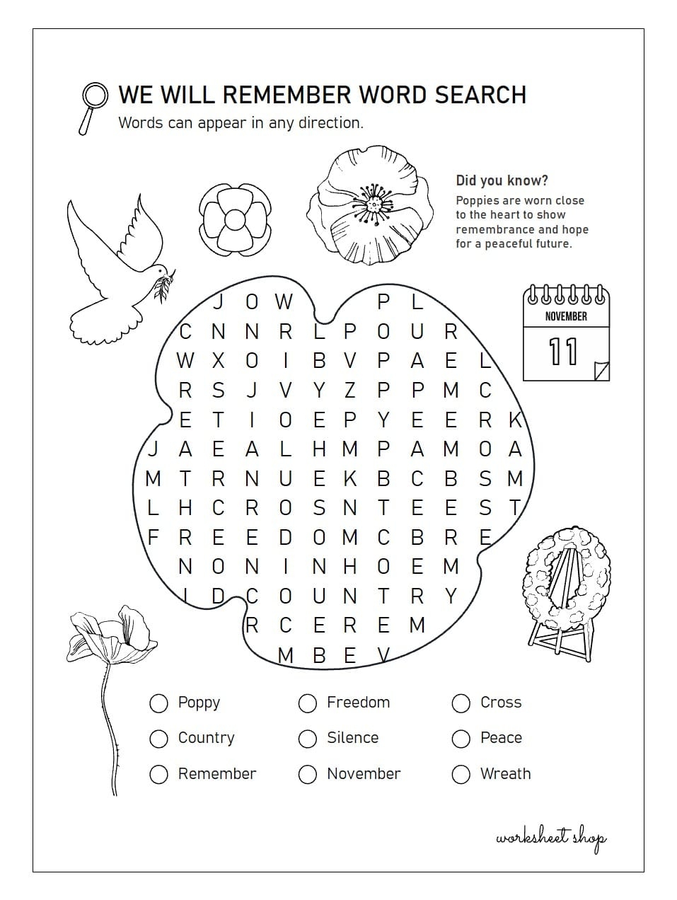 Remembrance Veterans Day Worksheet Shop