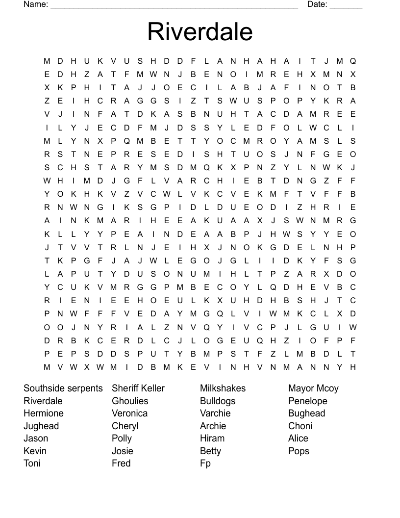 RIVERDALE CROSSWORD PUZZLE Word Search WordMint Riverdale Crossword WordMint