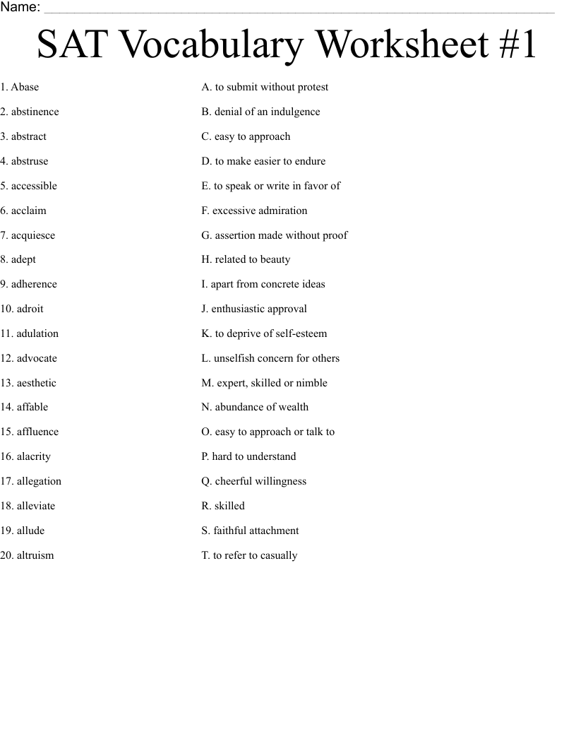 SAT Vocabulary Worksheet 1 WordMint