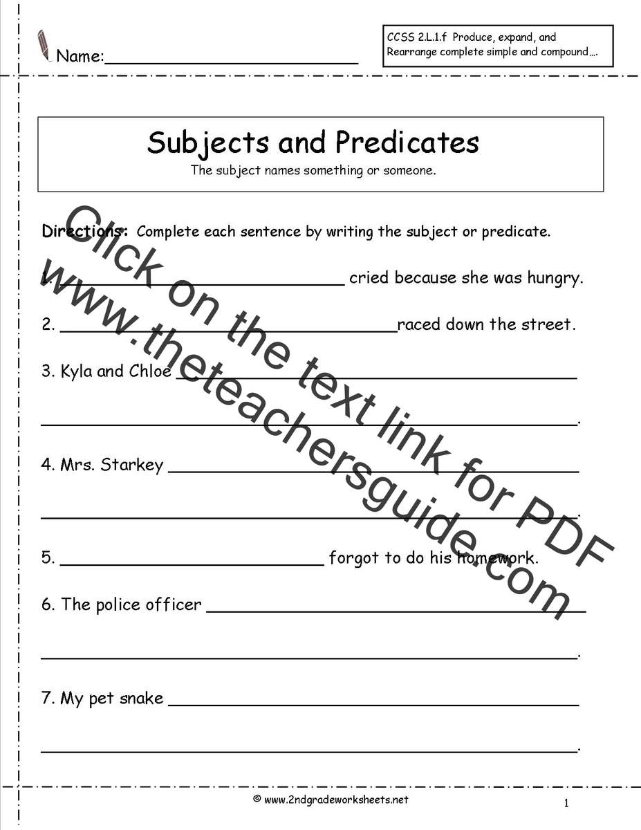 Second Grade Sentences Worksheets CCSS 2 L 1 F Worksheets 12 Subject And Predicate Ideas Subject And Predicate Predicates 4th Grade Writing