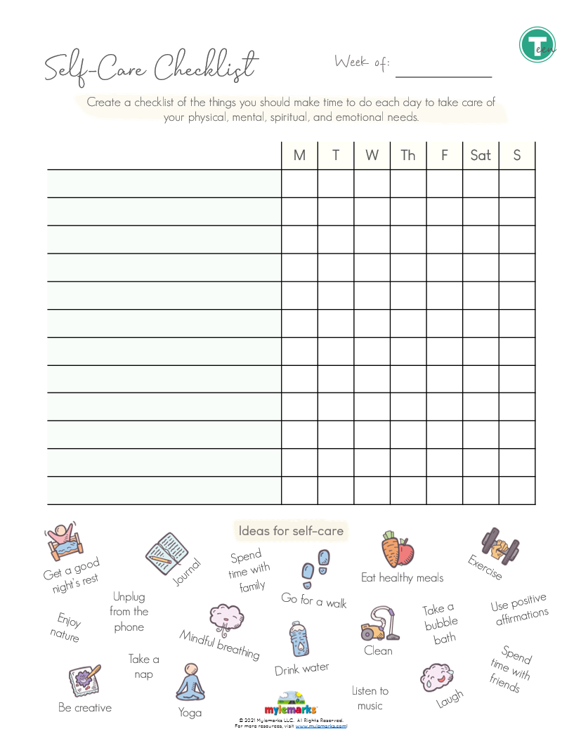 Self Care Checklist Teen F Free Self Esteem Resources For Kids