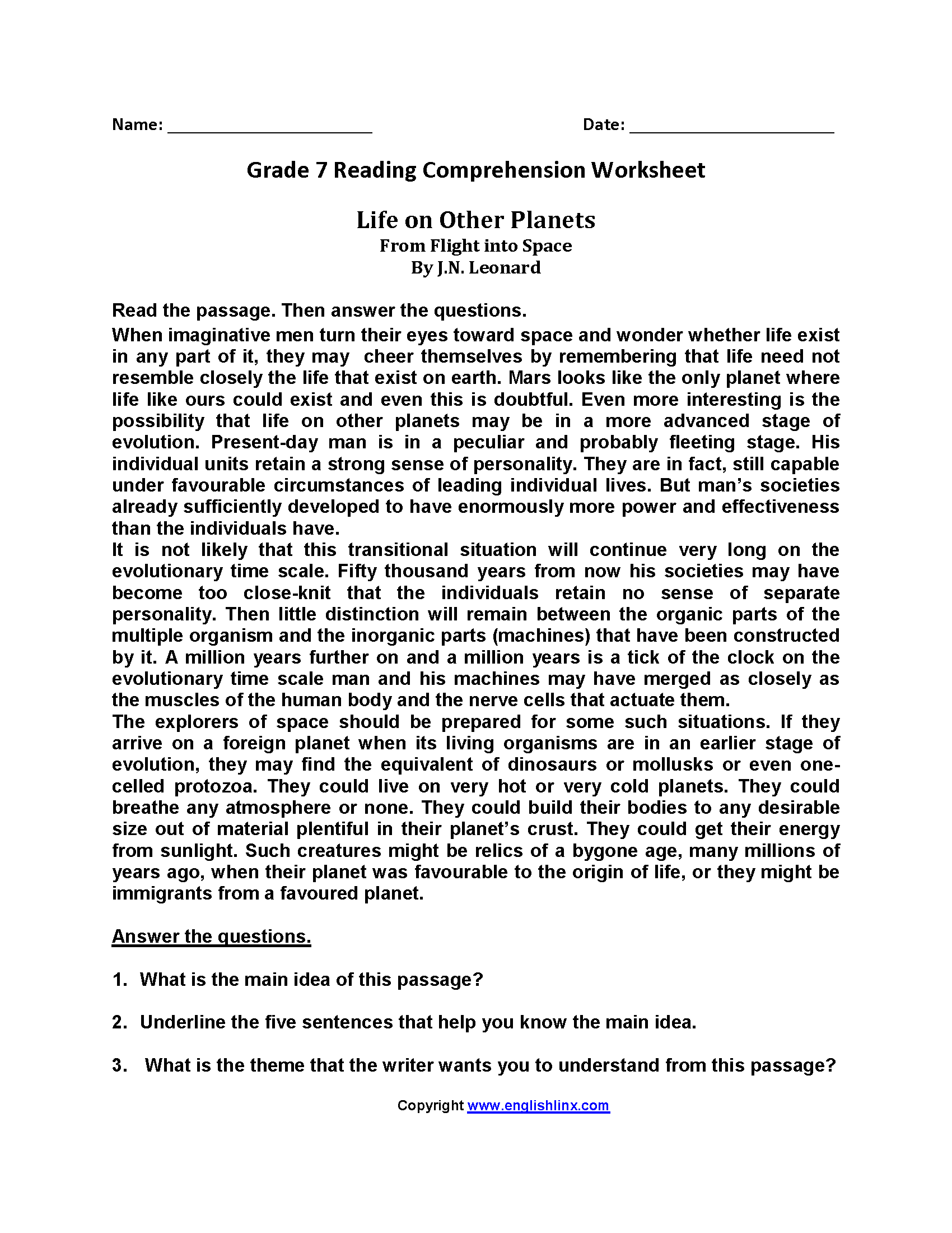 Seventh Grade Reading Worksheets Vocabulary Fluency Practice