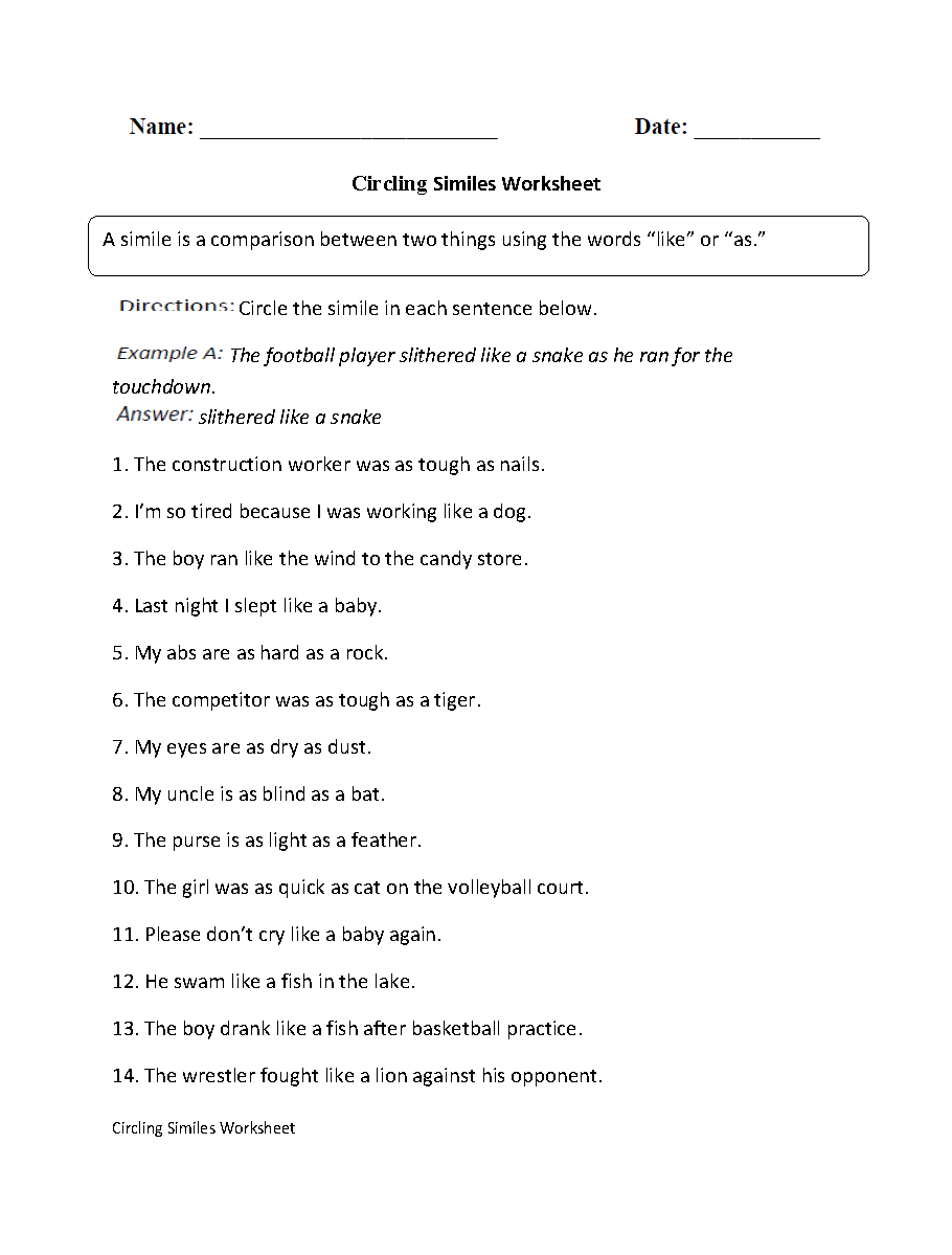 Similes Worksheets Free Printable Figurative Language Practice Printable 5th Grade Similes Worksheets Download