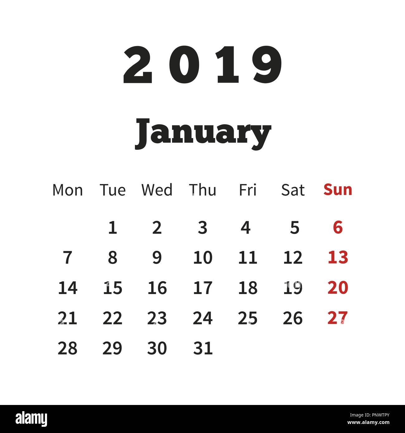 Simple Calendar On January 2019 Year With Week Starting From Monday On White Stock Vector Image Art Alamy