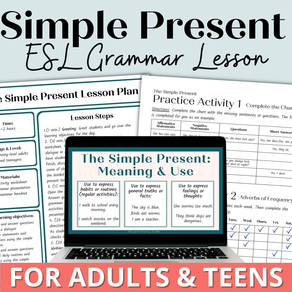 Simple Present Verb Tense ESL English Grammar Lesson Activities Worksheets For Adult ESL And High School ELL Newcomers Classful