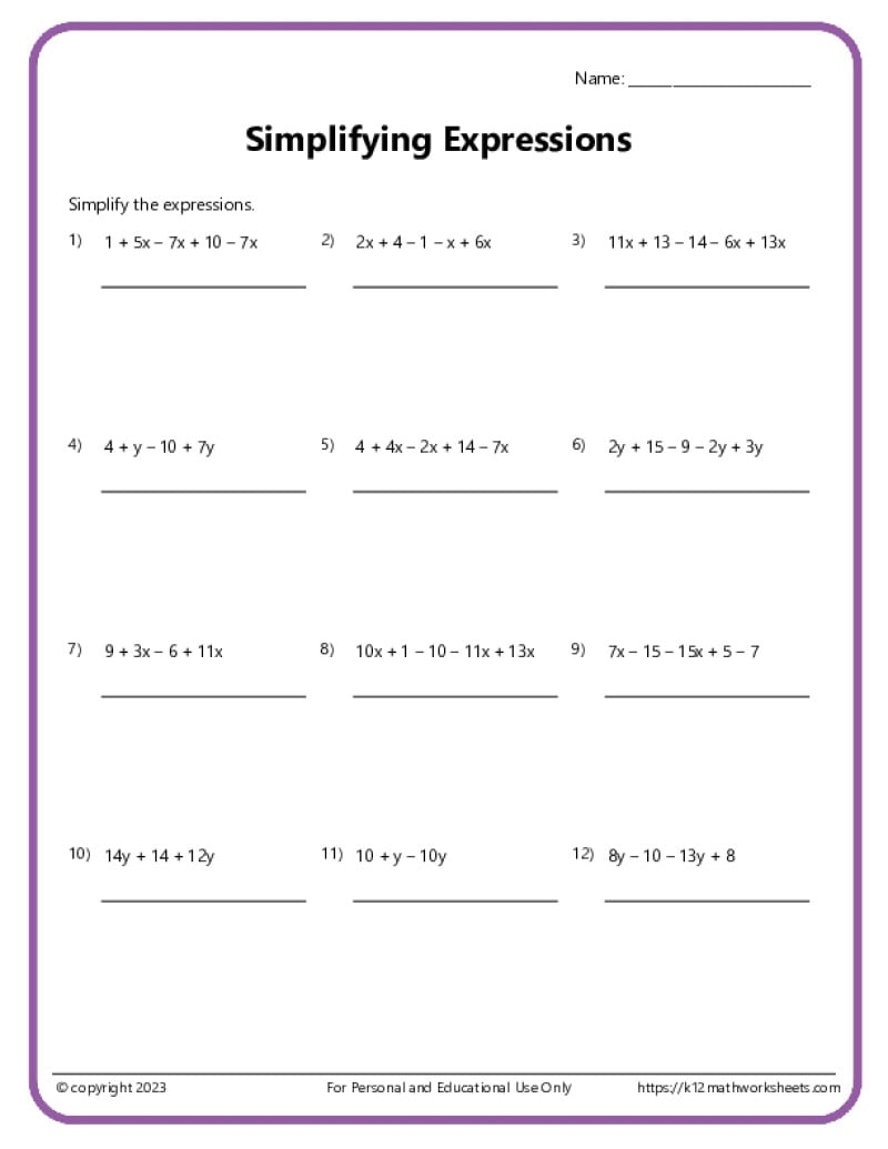 Simplifying Expressions Worksheets K12 Math Worksheets 50 Free Printable Combining Like Terms Worksheet To Download In PDF