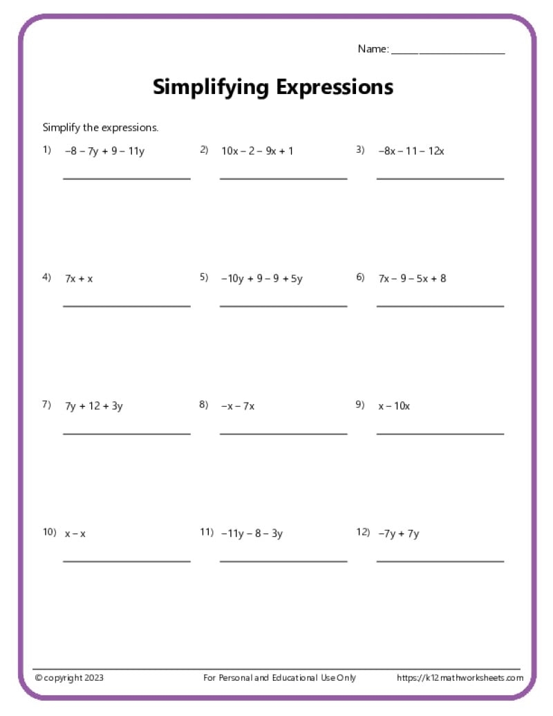 Simplifying Expressions Worksheets K12 Math Worksheets Simplifying Expressions Worksheets K12 Math Worksheets